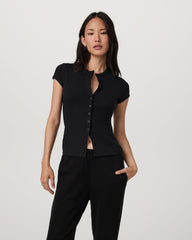 Vuori Short Sleeve Pose Button Up Women's Black Crewneck| Vuori