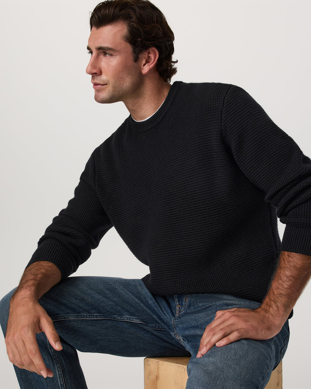 Vuori Denver Waffle Crew Sweater Men's Black Wool Sweater