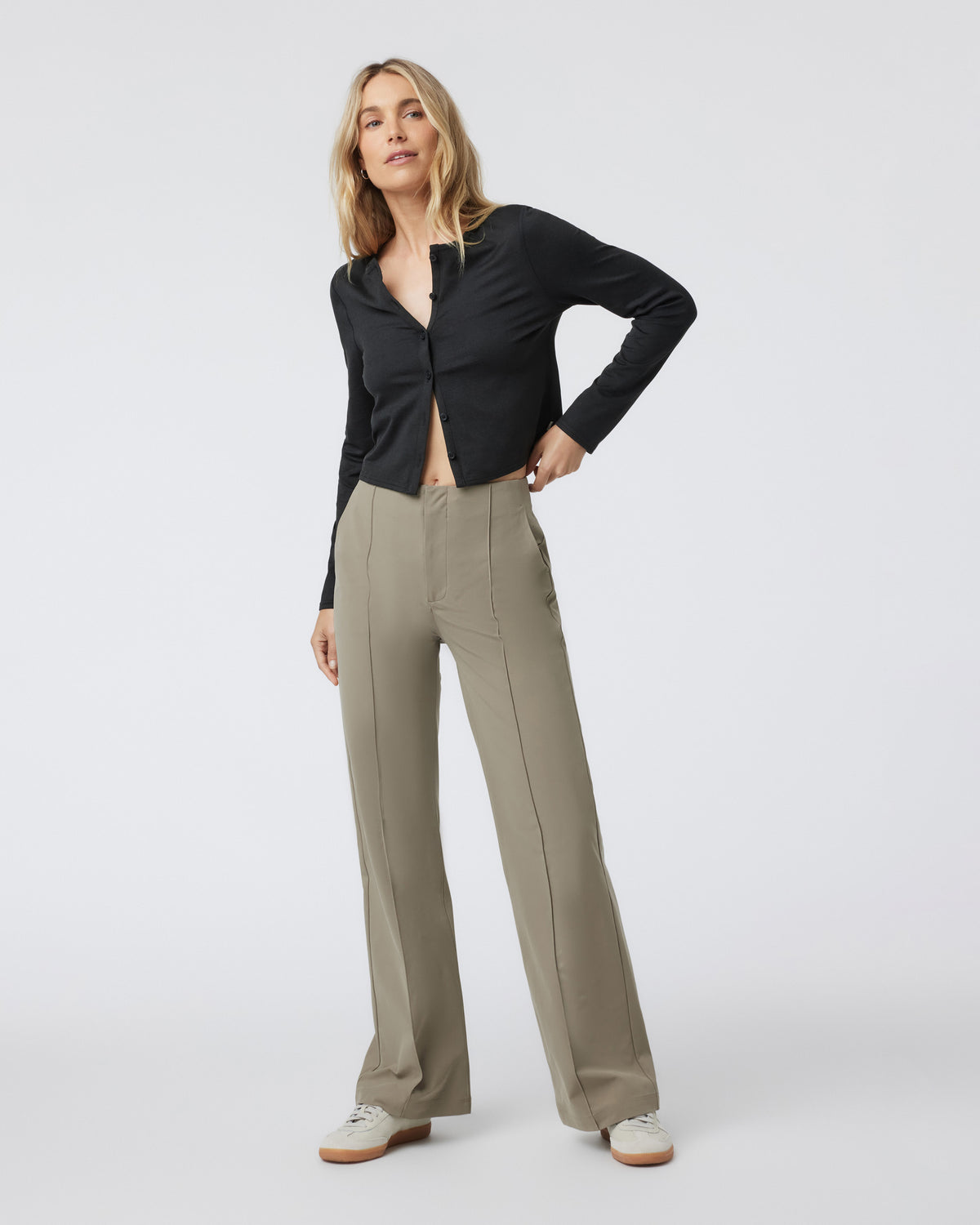 Vuori Womens Meta Wideleg Taupe Tailored Pants