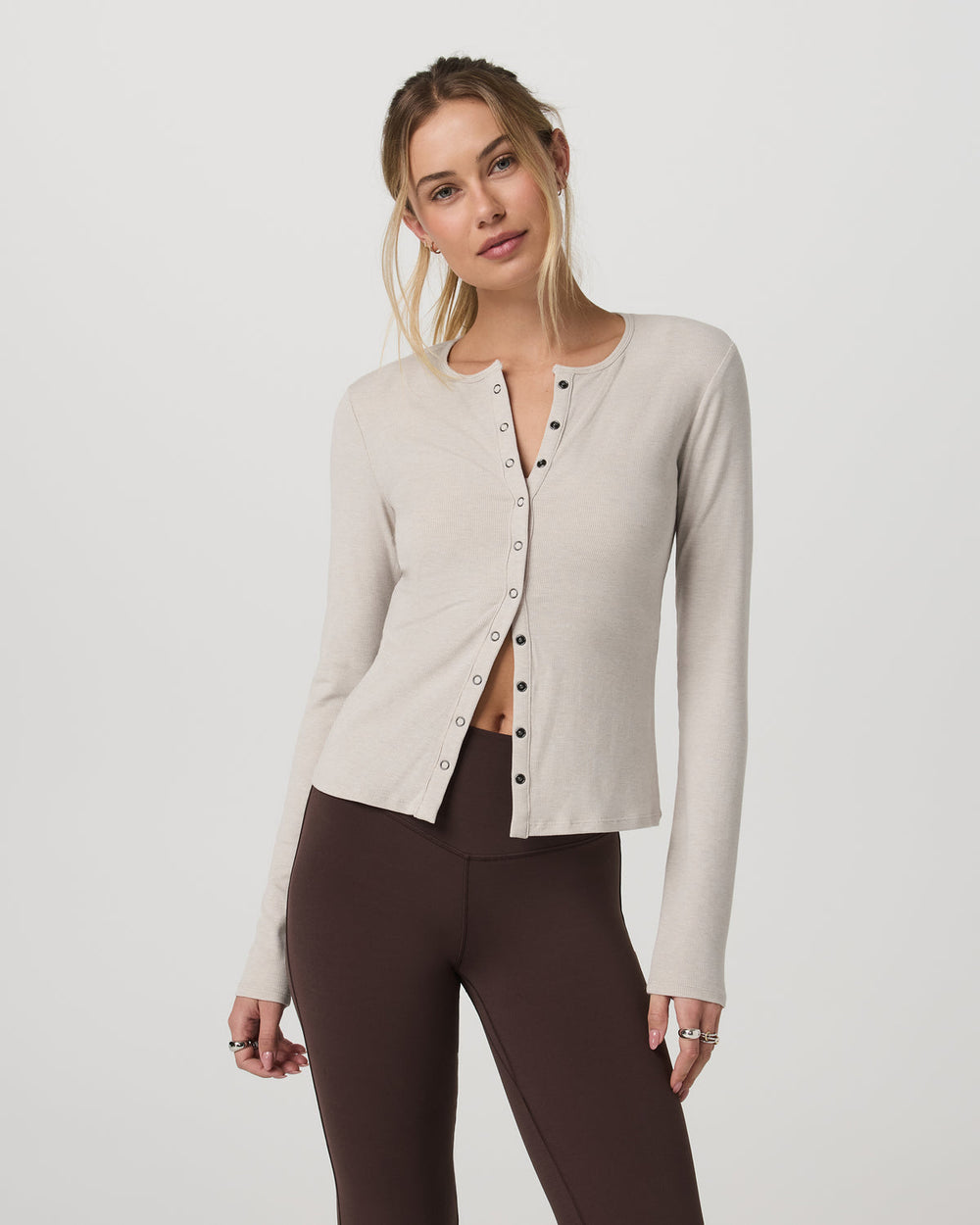 Vuori Long Sleeve Pose Twin Cardigan Women's Ecru Heather Top