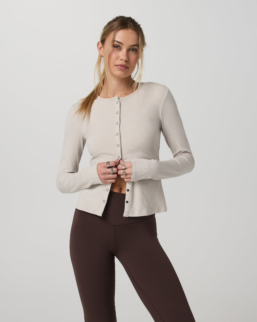 Vuori Long Sleeve Pose Twin Cardigan Women's Ecru Heather Top