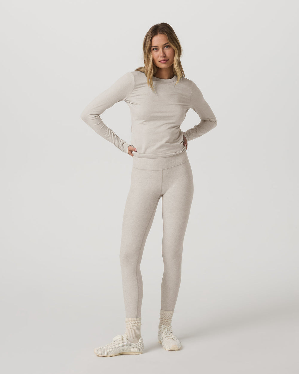 Vuori Long Sleeve Halo Essential Crew Tee Ecru Heather Shirt