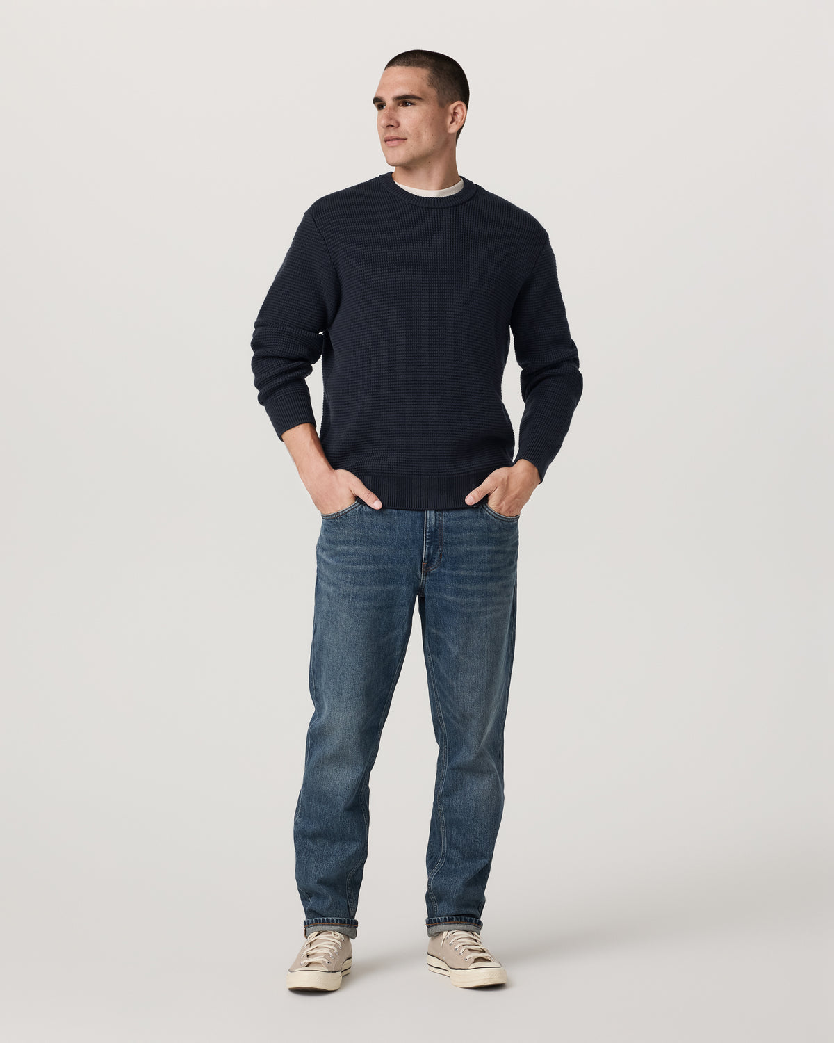 Vuori Denver Waffle Crew Sweater Men's Navy Wool Sweater