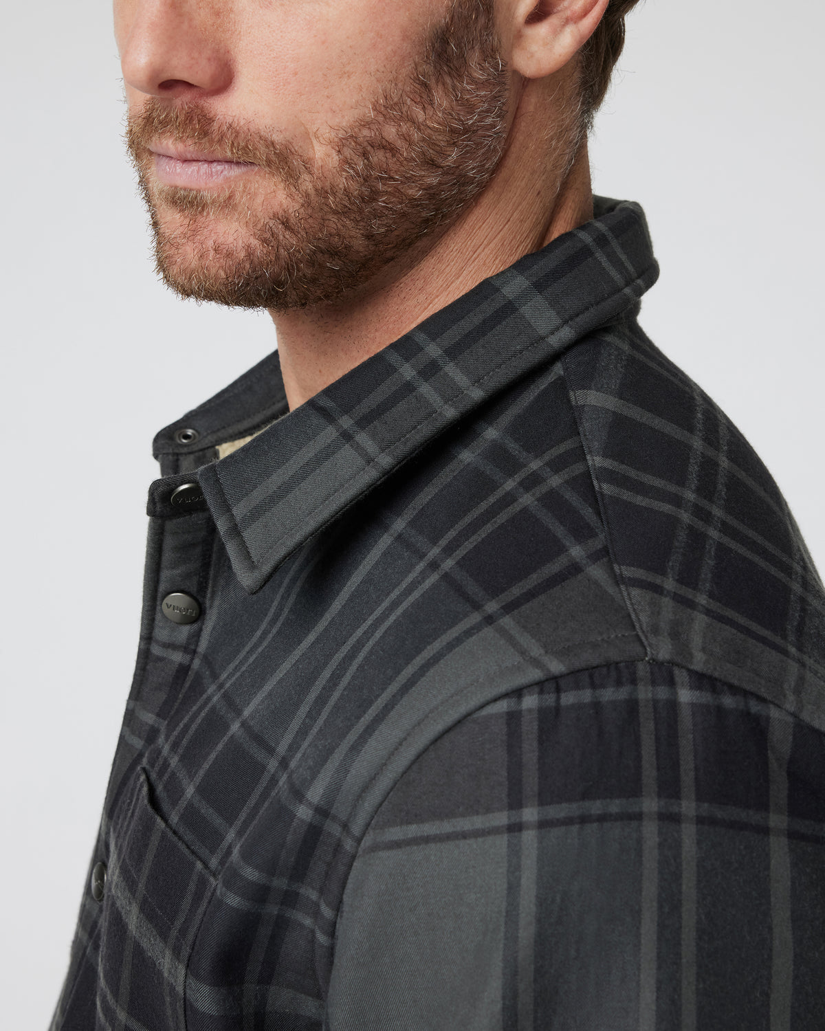 Vuori Coastside Shirt Jacket Men's Black Plaid Shirt