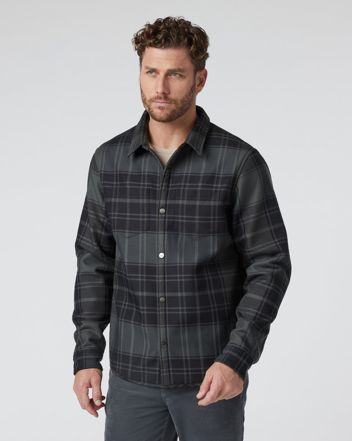 Vuori Coastside Shirt Jacket Men's Black Plaid Shirt
