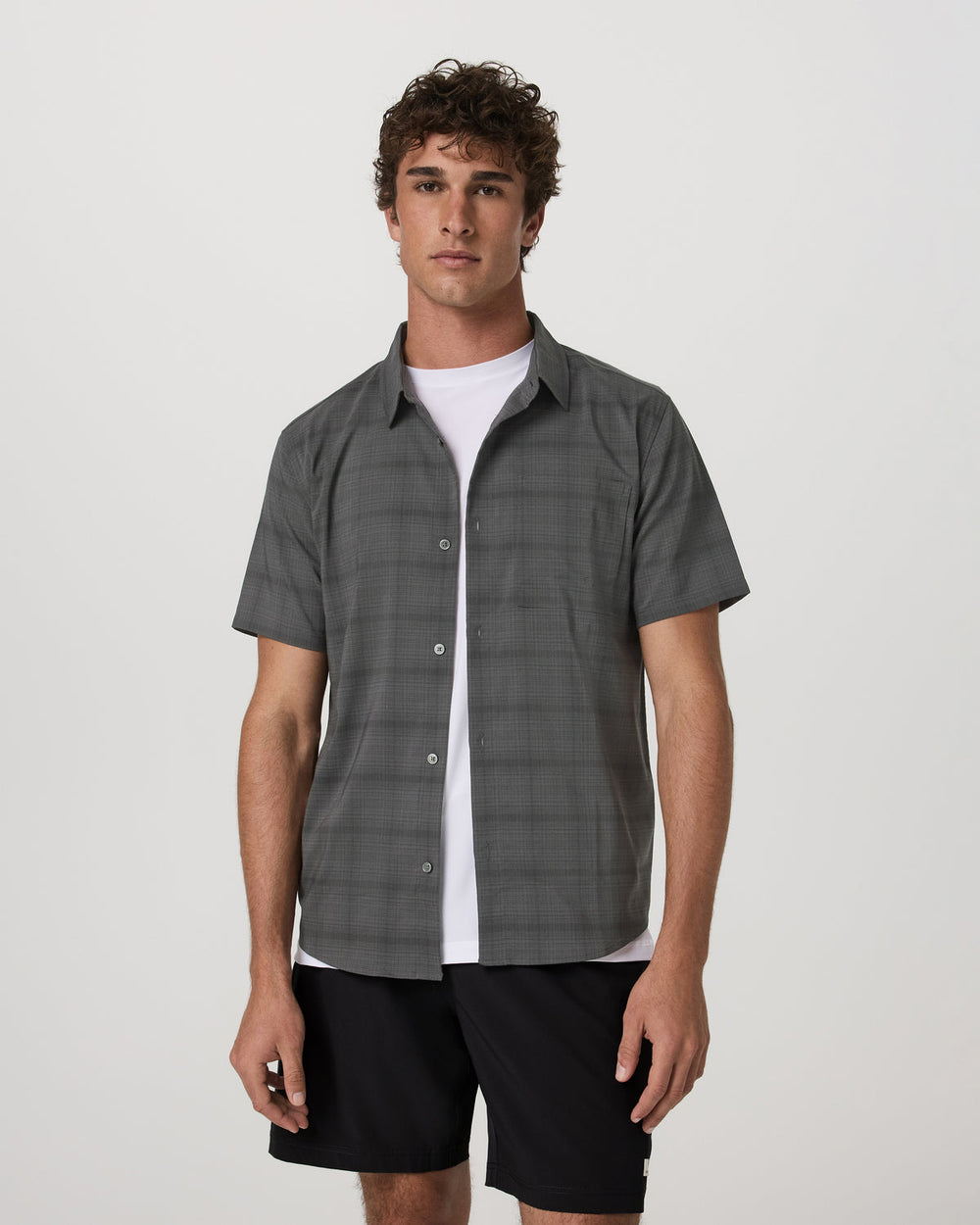 Vuori Men's Short Sleeve Plaid Button Down Shirt Dark Pewter