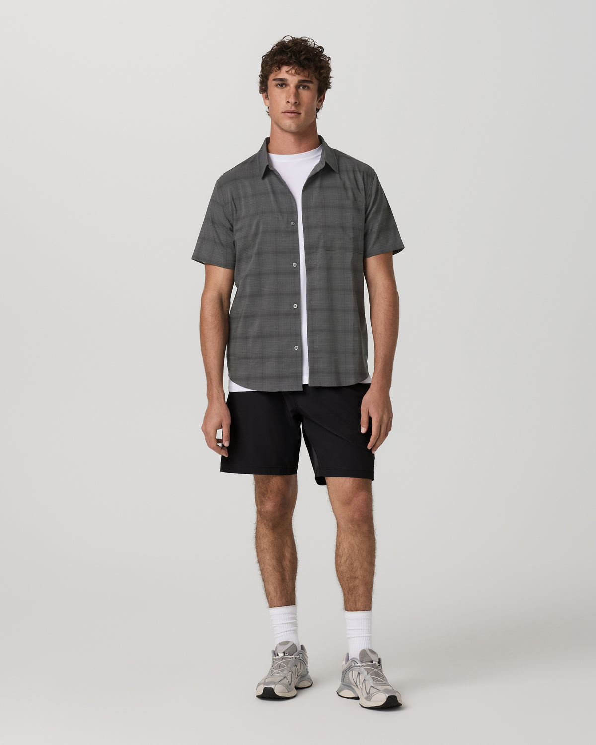 Vuori Men's Short Sleeve Plaid Button Down Shirt Dark Pewter