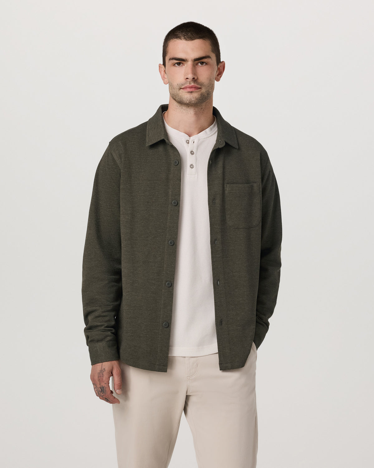 Vuori Jeffreys Overshirt Men's Olive Heather Button-Up Shirt