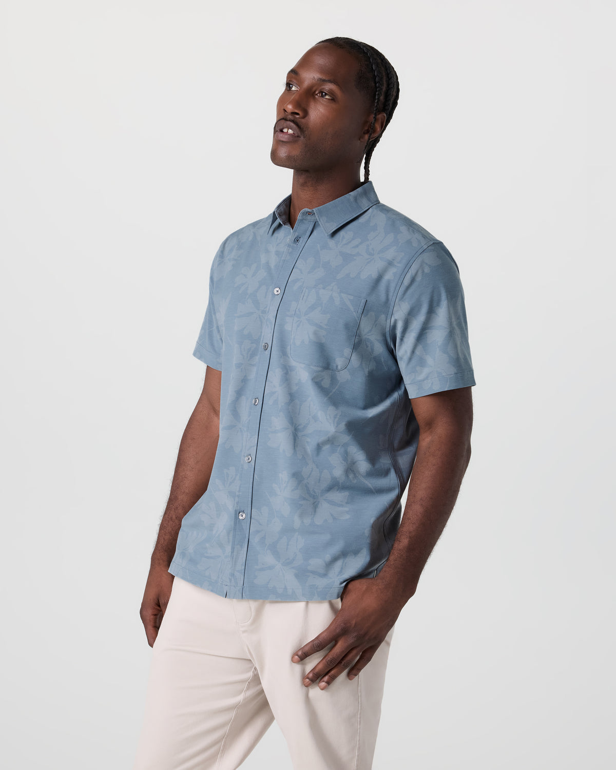 Vuori Short Sleeve Bridge Button Down Dusty Blue Plumeria