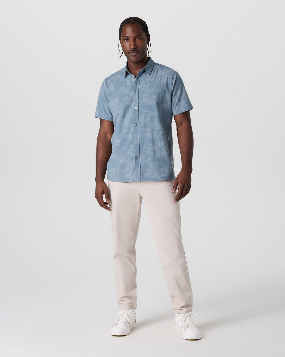 Vuori Short Sleeve Bridge Button Down Dusty Blue Plumeria