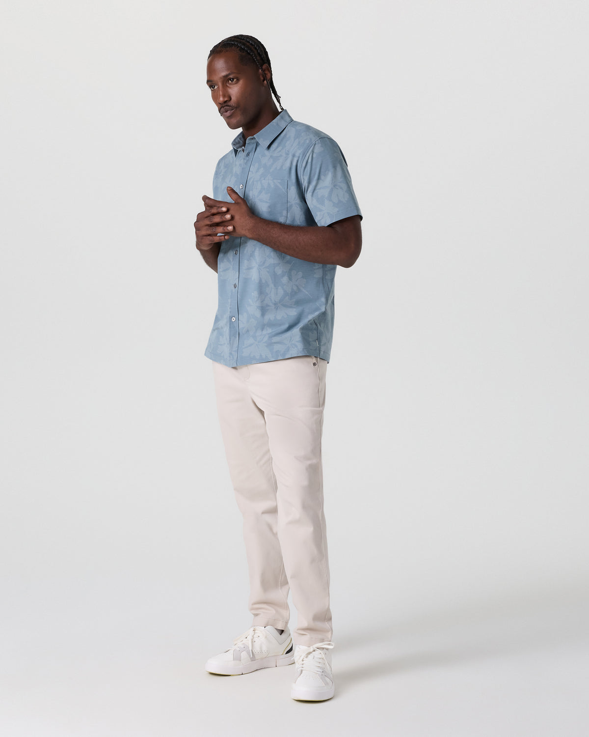 Vuori Short Sleeve Bridge Button Down Dusty Blue Plumeria