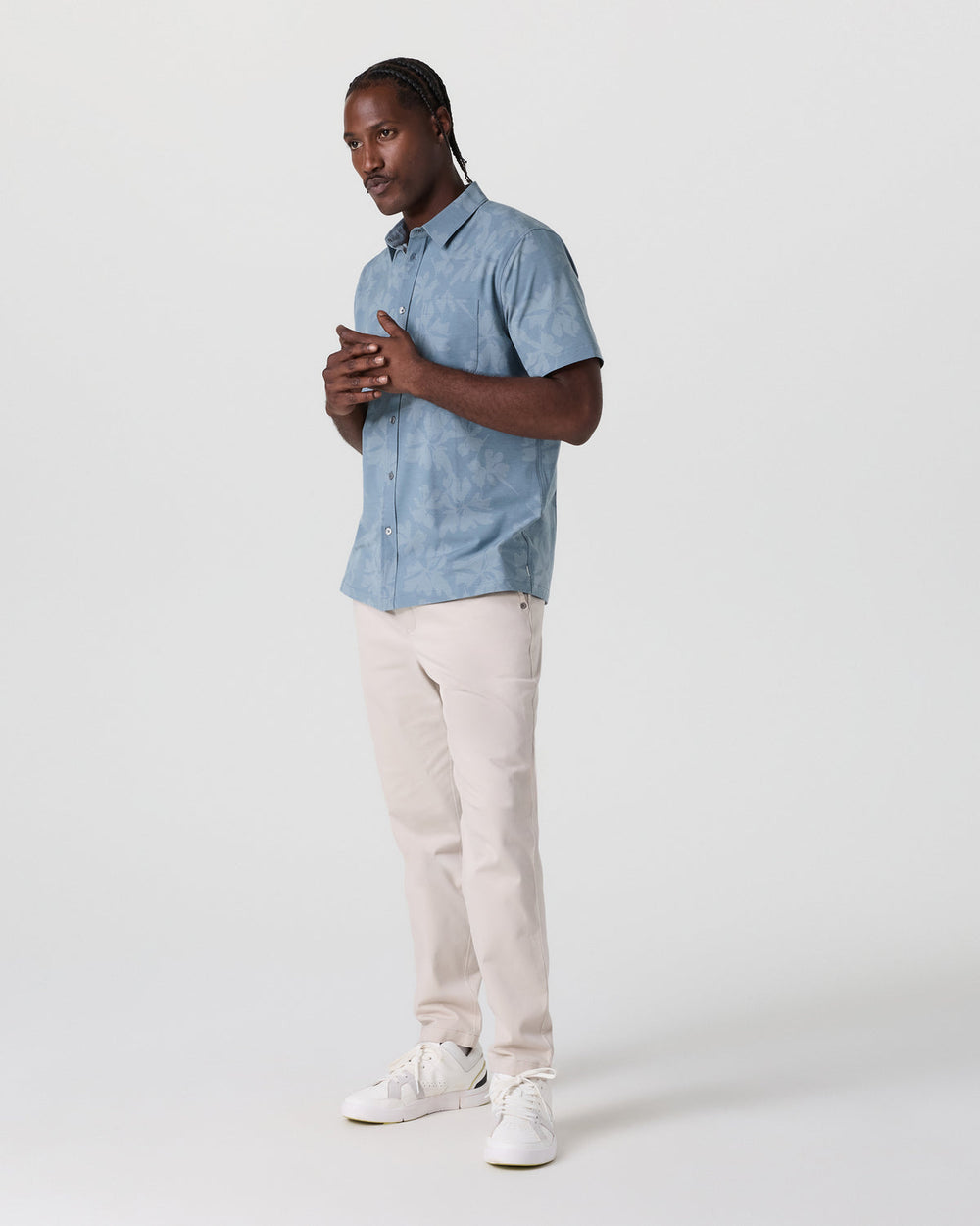 Vuori Short Sleeve Bridge Button Down Dusty Blue Plumeria